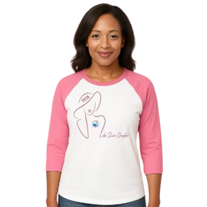 T-shirt de baseball pour femme, blanc et rose, avec logo rond brillant, manches raglan trois quarts, vêtement décontracté pour le quotidien - Product Image 1