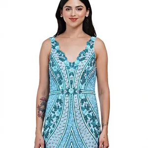Robe de soirée de luxe bleu ciel à sequins et perles, sans manches, col en V, géométrique, avec fente haute, longue, pour femme - Product Image 6