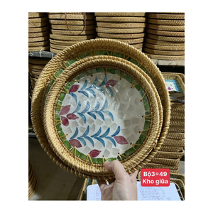Panier de service en rotin fait main, écologique, de qualité commerciale, avec détails en coquillages nacrés, finition mosaïque et construction durable - Product Image 5