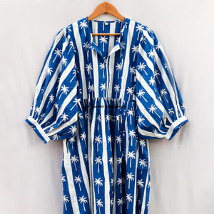 Hermoso Vestido de Verano de Algodón Estampado a Mano con Motivos Florales para Mujer, Ropa Casual, Mangas 3/4, Azul, Secado Rápido - Product Image 2