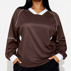 Maillot de football américain oversize marron en maille pour femme, manches longues, respirant, en polyester, style streetwear, avec empiècements contrastants, marque privée - Product Image 5