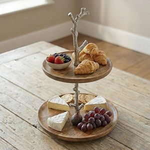 Natural Acacia Wood Eco-Friendly 2-Tier <b>Cake</b> Stand Metal Branch Handle Dishwasher Safe Dessert Display <b>Server</b> for Wedding Party - Product Image 4