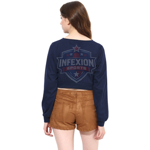 Women's <b>Navy</b> Blue Cropped Long Sleeve Sweatshirt O-Neck Knitted Cotton Casual <b>Top</b> Summer Wear - Product Image 4