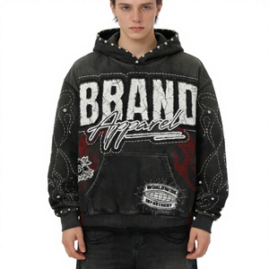 Vente en gros de sweats à capuche pour hommes en molleton épais vintage style Hip Hop, avec strass, effet vieilli, appliqué uni, personnalisés, délavés à la pierre et découpés au laser - Product Image 4