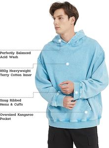 Sweat à capuche unisexe oversize en coton 100% délavé à l'acide, style vintage streetwear, épais 300g, respirant, pour l'hiver - Product Image 5