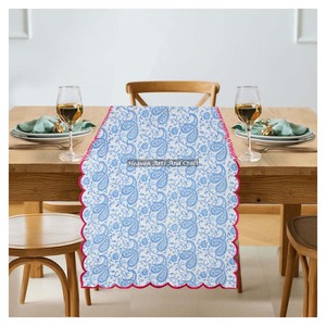100% Pure Cotton Fabric Embroidery Edge <b>Table</b> <b>Runner</b> Traditional Hand Block Print Floral Design Wedding Restaurant Washable - Product Image 1