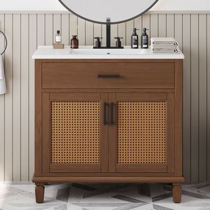 36 pollici moderno bagno Vanity Rattan Design in legno massiccio gambe grande spazio contenitore Free-Standing lavello in ceramica chiusura morbida - Product Image 1