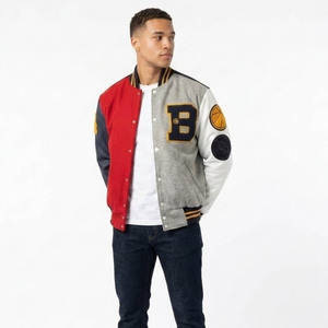 Men's Color Block Varsity <b>Jacket</b> With Embroidered B Logo And Patch Designs Preppy Style Autumn Wear - Product Image 2
