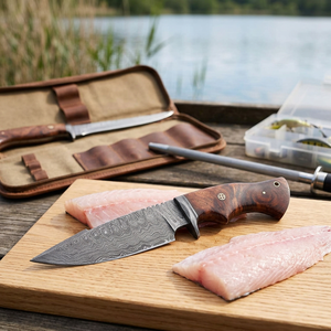 Cuchillo de caza hecho a mano de acero de Damasco con mango de madera de palisandro y funda de cuero fino, cuchillo de camping, cuchillo para exteriores, regalo de Navidad. - Product Image 3