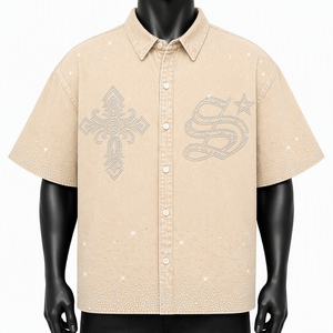 Custom Men Denim Short Sleeve <b>Shirt</b> <b>Y2K</b> Rhinestone Diamond Cross Sparkle Bling Button Down Oversized Hip Hop Streetwear Top Jean - Product Image 5