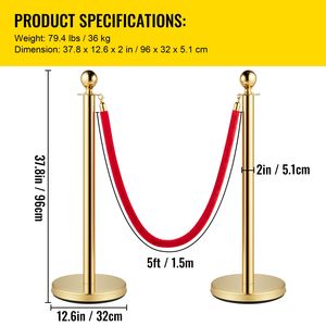 Poteaux de barrière en acier inoxydable doré avec cordes en velours rouges de 1,5 m (5 pi) et embouts sphériques rouges, pour le contrôle des foules et les supports de bannières - Product Image 2