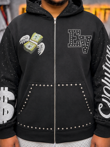 Sweat-shirt à capuche noir zippé pour homme, coupe oversize, style streetwear, en tissu French Terry, avec logo imprimé et détails en strass, vente en gros - Product Image 6