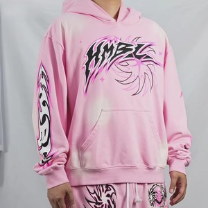 <b>Pink</b> Hooded <b>Tracksuit</b> <b>Set</b> Sublimation Print Streetwear Loose Fit Full Length Drawstring Pants Unisex Adult Winter Breathable - Product Image 3