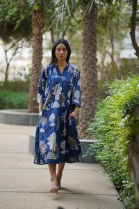 Vestido midi de algodón con estampado floral para mujer – Vestido informal holgado con estampado en línea A y mangas 3/4 - Product Image 5