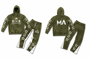 Ensemble de survêtement marron délavé à l'acide avec étoiles blanches et pantalon long à cordon de serrage 350 g/m² 100 % coton Streetwear - Product Image 4