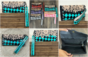 New Trending Design 2026 Hand <b>Tooled</b> Cowhide <b>Leather</b> Clutch Checkered Pattern Luxury Wallet Floral Carved Stylish Women’s Purse - Product Image 3