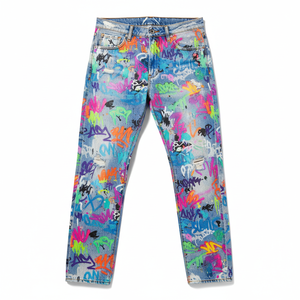 Jeans de Mezclilla para Hombre, Cintura Alta, Corte Recto, con Estampado de Grafiti, Lavado Desgastado, Estilo Urbano, Cierre de Botones, para Verano - Product Image 1