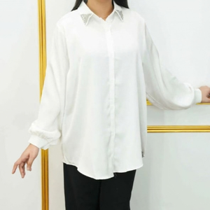 Womens White <b>Long</b> Sleeve Shirt 100% Cotton Simple Casual <b>Top</b> Loose Fit Button-Front for Summer Autumn Everyday Wear - Product Image 2