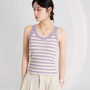 Débardeur court d'été décontracté et respirant à rayures pour femme avec soutien-gorge intégré et protection solaire - Product Image 1