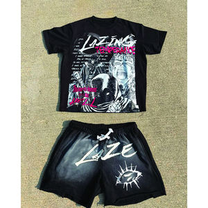 Lazing Performance Men's Black Cotton T-Shirt And Shorts <b>Set</b> Crew Neck Printed Street Style Summer Wear - Product Image 1