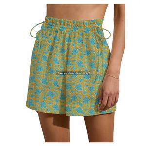 Shorts de week-end à cordon de serrage en coton imprimé au bloc de Jaipur pour femme, vêtements de détente d'été, shorts de plage pour filles - Product Image 4