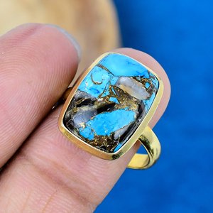 Natural Handmade Black Shell Copper <b>Turquoise</b> Cushion Shape Gemstone <b>Ring</b> 18k Gold Micron Over 925 Sterling Silver <b>Ring</b> - Product Image 3