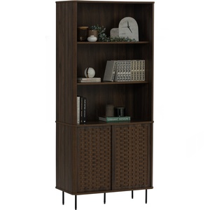 Contemporary Modern <b>Walnut</b> Large Bookcase in Rattan Design Display Cabinet with Metal Legs for Office and Living Room - Product Image 4