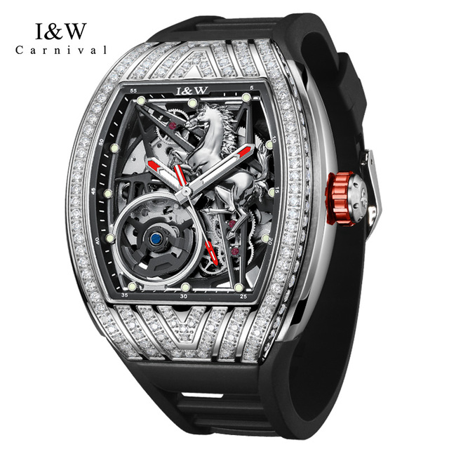 I&W Carnival Fully Diamond Paved Case Luxury Men Water Resistant Luxury Automatic Mechanical Watches