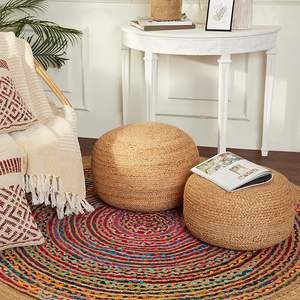 Pouf ottoman tressé naturel en jute et chanvre, confortable, de style bohème, fait main, pour une assise décontractée à la maison, au bureau ou dans la chambre. - Product Image 1