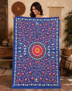 Exclusive Handmade Suzani Cotton Bedsheet Royal <b>Blue</b> Peach Pink Floral Boho Indian Ethnic <b>Bedspread</b> Home Decor Cover - Product Image 3