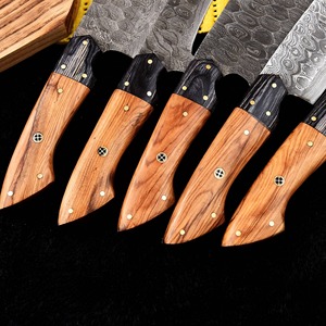 Custom Handmade Five-Piece Ambidextrous Chef <b>Set</b> Straight Edge <b>Sharp</b> 33-Layer Damascus Steel Blades Wooden Handle Leather - Product Image 2