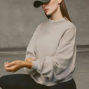 Sweat-shirt oversize beige pour femme, col montant, en molleton épais de qualité supérieure, à manches longues, pull décontracté pour le quotidien - Product Image 2