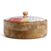 Bol en bois sans danger pour les aliments avec couvercle Réchauffeur de tortillas en bois de manguier Bol avec incrustation imprimée Boîte porte-pain indien Chapati Roti