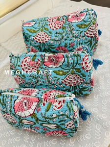 Cotton Quilted Floral Hand Block Print Toiletry <b>Bag</b> with Zip Closure Set of 3 Used as Cosmetic Travel Shaving Wash <b>Bags</b> Assorted - Product Image 3