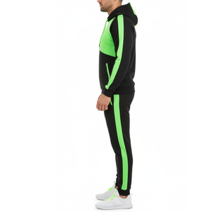 Ensemble de survêtement noir pour homme personnalisé, avec sweat à capuche asymétrique vert fluo et pantalon, deux pièces, style streetwear, pour la gym et le sport - Product Image 4
