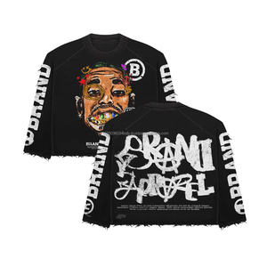 เสื้อยืดฮิปฮอปผู้ชายทรงโอเวอร์ไซส์ แขนยาวสองชั้น ล้างสีแบบแอซิดวอช ประดับด้วยคริสตัลขนาดใหญ่ ผ้าฝ้าย 100% - Product Image 4