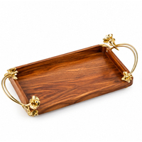Plateau de service rond en bois de luxe avec poignées en feuille d'or antique, plateau décoratif en bois d'acacia pour table basse, vaisselle d'hôtel