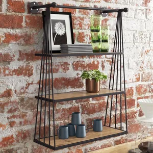 Étagère murale industrielle à 3 niveaux en métal noir avec cadre en bois, présentoir flottant pour salon, cuisine, bureau - Product Image 6