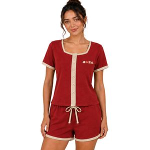 Conjunto de dos piezas de pantalones cortos rojos y beige para mujer, top con botones y cuello cuadrado, estampado geométrico minimalista, ropa informal de verano de algodón para estar en casa - Product Image 1