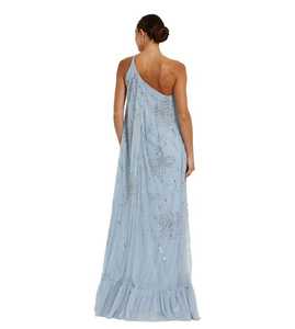 Vestido de noche azul claro de un solo hombro con lentejuelas, de gasa, corte imperio, línea A, cola capilla, largo hasta el suelo - Product Image 4