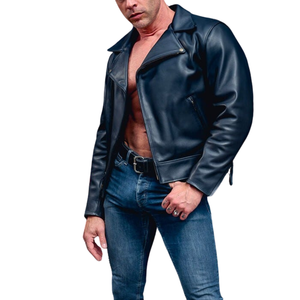 Men's Genuine Leather Moto Jacket <b>Turn</b>-Down Collar Zipper Closure Slim Fit Solid Color Biker Style Autumn Wear - Product Image 3