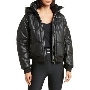 Black Hooded Puffer <b>Jacket</b> PU Material Zipper Closure Quilted Windproof Winter Coat Casual Style Short Length - Product Image 1