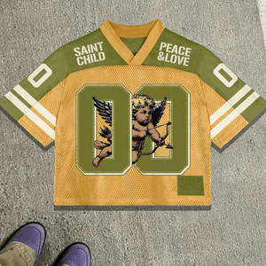 Trending Men's Vintage Saint Child Peace & Love Graphic V-Neck Boxy Mesh Jersey Tee Blokette Blokecore Chic Streetwear Fashion - Product Image 1