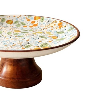 Elegant Round Ceramic Cake Stand with Floral Pattern and Wooden Base Handmade Dessert Display - Product Image 3
