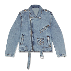 Chaqueta de Mezclilla Estilo Biker para Hombre, Azul Personalizado, Múltiples Bolsillos con Cremallera, Corte Holgado, Cremallera Completa, Diseño de Logotipo con Pedrería en la Espalda, Dobladillo Retráctil - Product Image 1