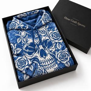 เสื้อฮู้ดดี้โอเวอร์ไซส์ลายกราฟิกกะโหลกดอกกุหลาบสีน้ำเงินสไตล์สตรีทแวร์สำหรับผู้ชาย - Product Image 6