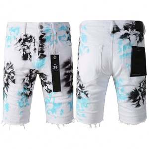 Shorts de Mezclilla para Hombre, Corte Recto, Cintura Media, Desgastados, Lavables, Blancos y Azules con Diseño de Salpicaduras de Pintura - Product Image 2