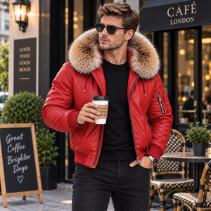 <b>Men's</b> Red Leather Bomber <b>Jacket</b> with Fur Hood Plaid Pattern | Giacca Uomo | <b>Summer</b> Casual - Product Image 3