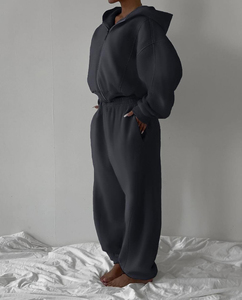 Wholesale Customized Womens Winter Solid Reversible 2 1 Design Hooded Tracksuit Set <b>Hoodies</b> Sweatpants Casual Cotton <b>Fleece</b> - Product Image 1