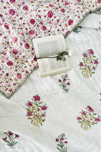 Reversible Hand Block Printed Cotton Quilt Multicolor Floral with Pink Striped Border Modern & Quirky <b>Comforter</b> Print Quilt <b>Set</b> - Product Image 3